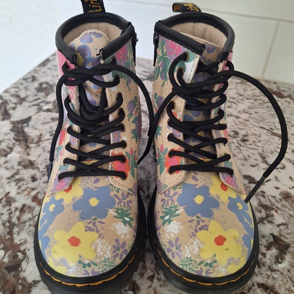 Dr. Martens Kids Floral Print Boots in Beige, Yellow, Blue, Pink, Green